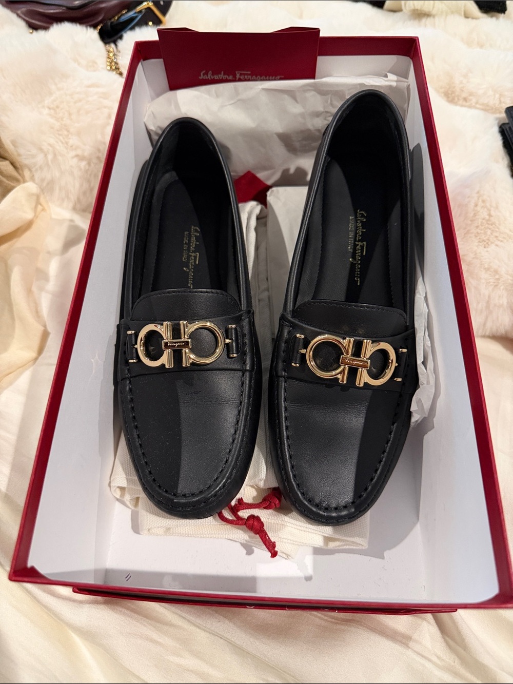 Salvatore Ferragamo Black Leather Loafers with Gold Gancini Hardware